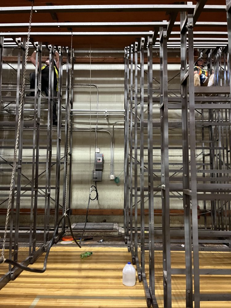 The metal structure of the bleachers